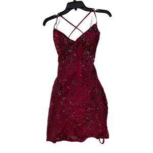 Lulus Keep Glowing Floral Sequin Mini Dress XS Wine Red